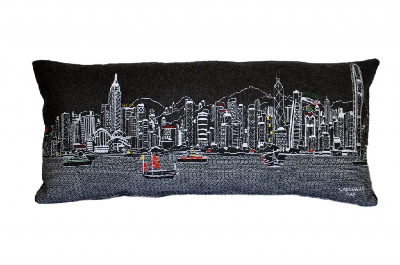 35" Black Hong Kong Nighttime Skyline Lumbar Decorative Pillow