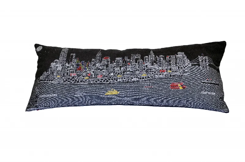Limited Availability 35" Black NYC Nighttime Skyline Lumbar Decorative Pillow