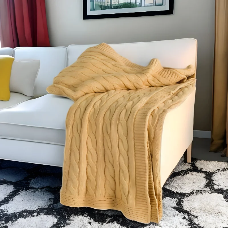 50" X 50" Light Yellow Knitted Cotton Throw Blanket