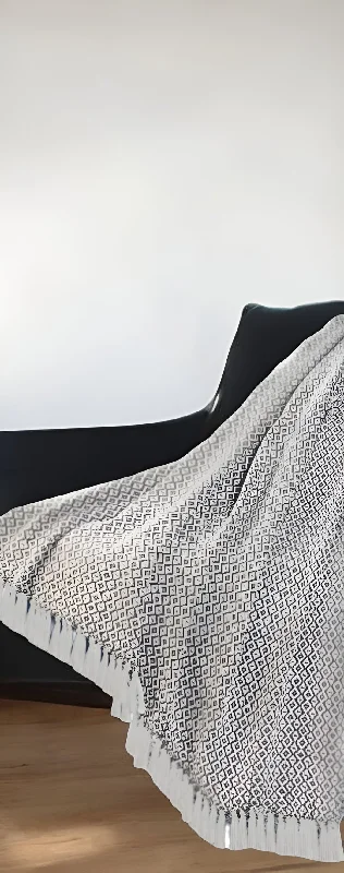 50" X 60" Gray and White Woven Cotton Geometric Throw Blanket with Fringe