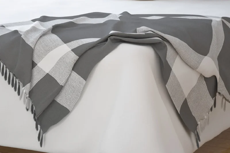 50" X 60" Gray Woven Cotton Checkered Throw Blanket with Fringe