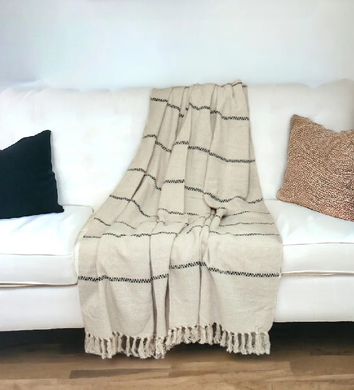 52" X 67" Beige and Black Woven Cotton Striped Throw Blanket with Tassels