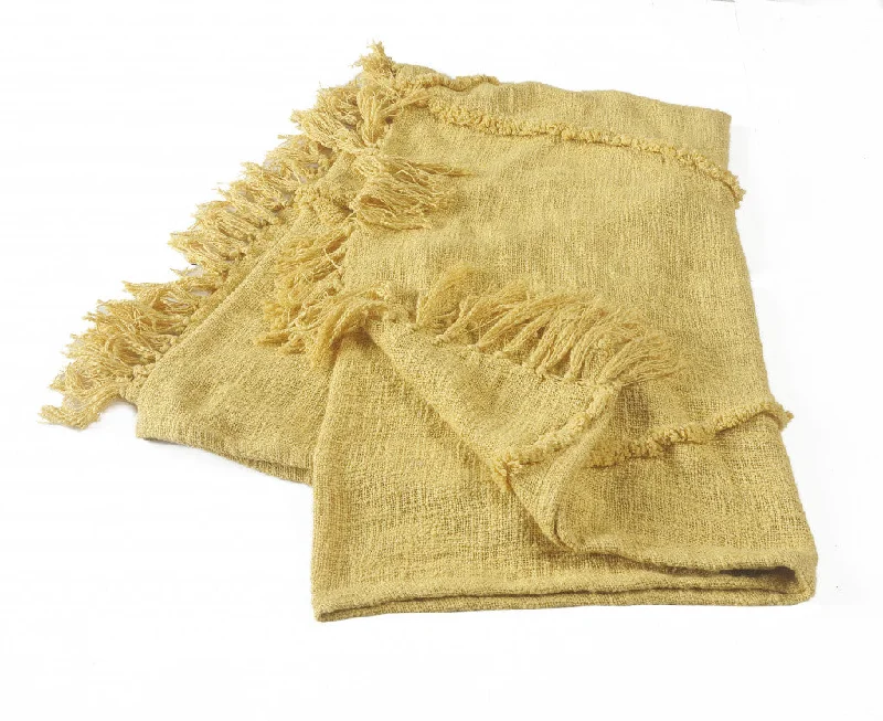 60" X 50" Yellow Woven Cotton Throw Blanket with Fringe