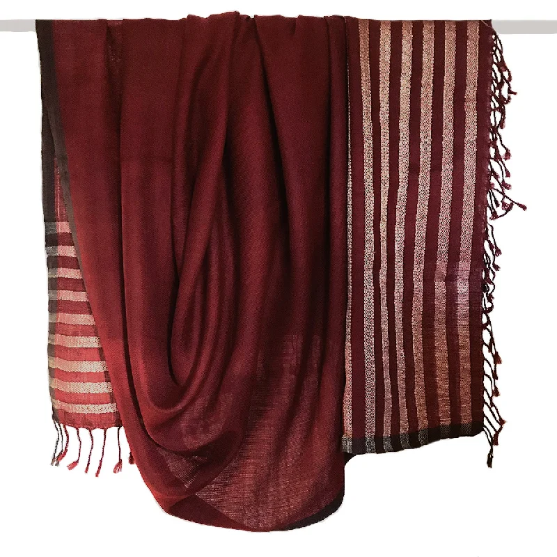 Avani Merino Wool Large Shawl in Maroon with Gold Stripes