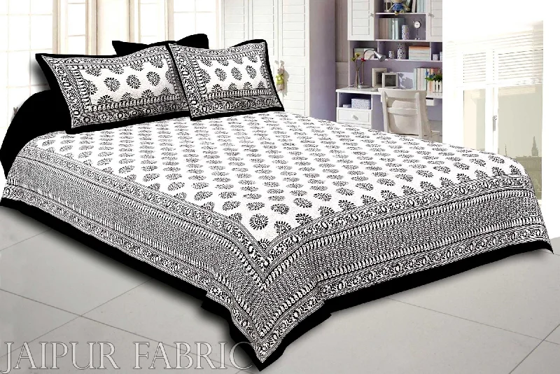 Black Border  Cream Base Kerry Pattern Hand Block Print Super Fine Cotton Bed Sheet