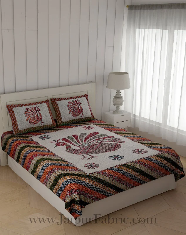 Hot Deal Blue Ajrak Print Peacock Double Bedsheet