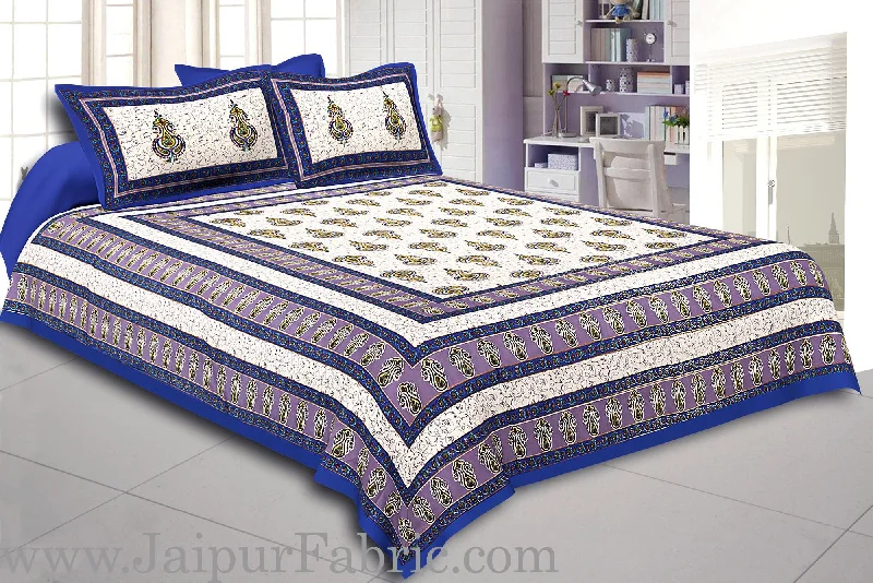 Blue Border Creame Base Sanganeri Print Super Fine Cotton Double Bedsheet