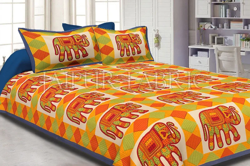 Incredible Offers Blue Border Elephant and Rhombus Pattern Screen Print Cotton Double Bed Sheet Incredible Offers Blue Border Elephant and Rhombus Pattern Screen Print Cotton Double Bed Sheet