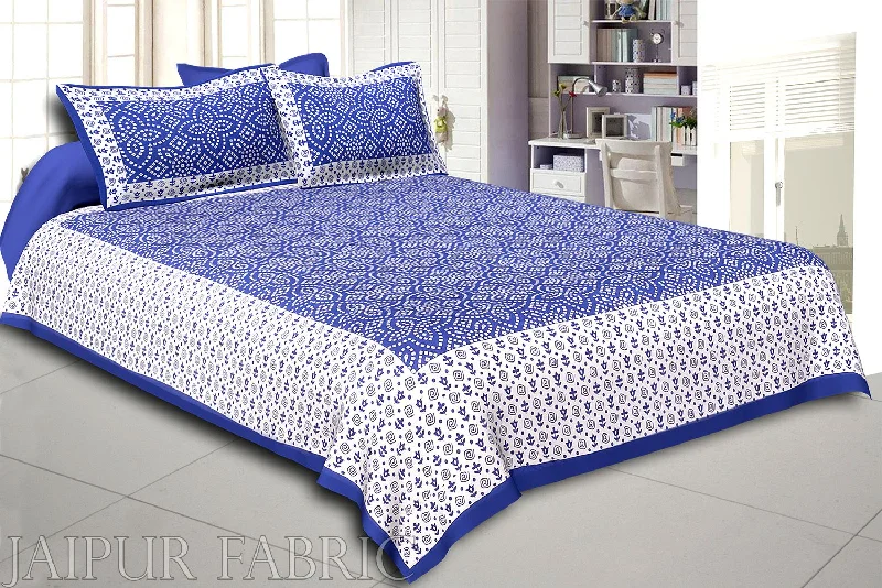 Buy Today Blue Border White Base Bandhej Pattern Screen Print Cotton Double Bed Sheet