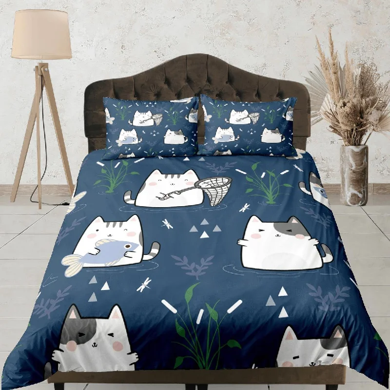 Cat Lover Duvet Cover Bedspread, Cute Cartoons Cat Bedding for Teens Kids Bedroom Comforter Cover