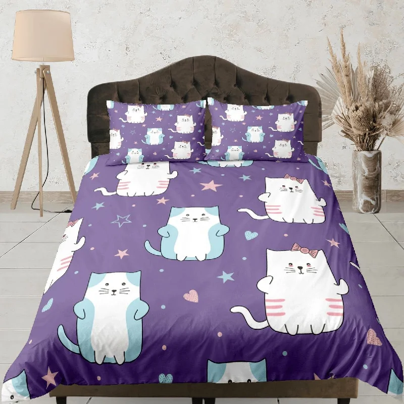 Cat Lover Duvet Cover Bedspread, Cute Cats Purple Bedding for Teens Kids Bedroom