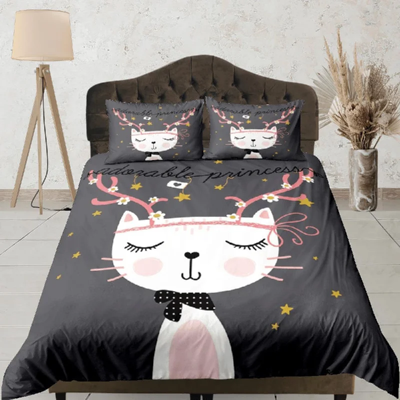 Cat Lover Duvet Cover Grey Bedspread Cute White Cat Bedding for Teens Kids Bedroom Comforter Cover