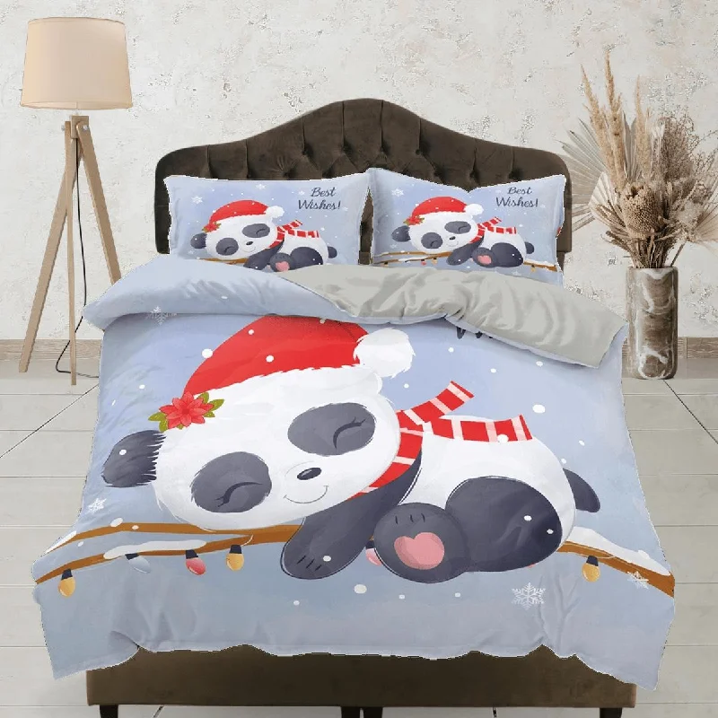 Christmas Panda Duvet Cover Set Cute Bedspread, Kids Bedding with Pillowcase