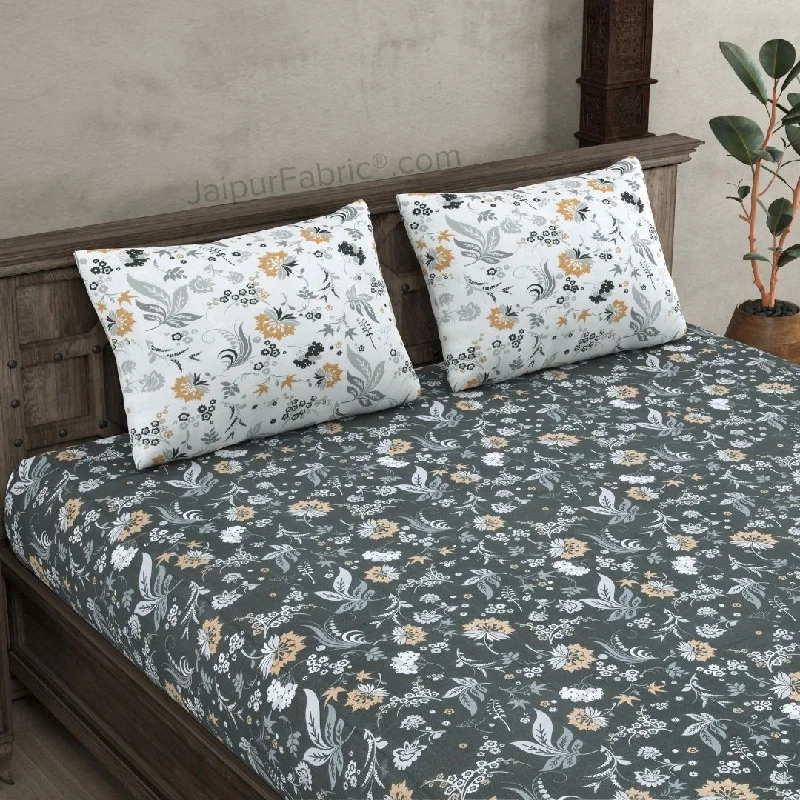 Year-End Clearance Flowery Spring Grey Cotton King Size Bedsheet