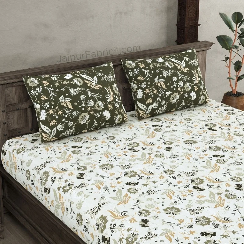 Super Deal Flowery Spring Off White Green Cotton King Size Bedsheet