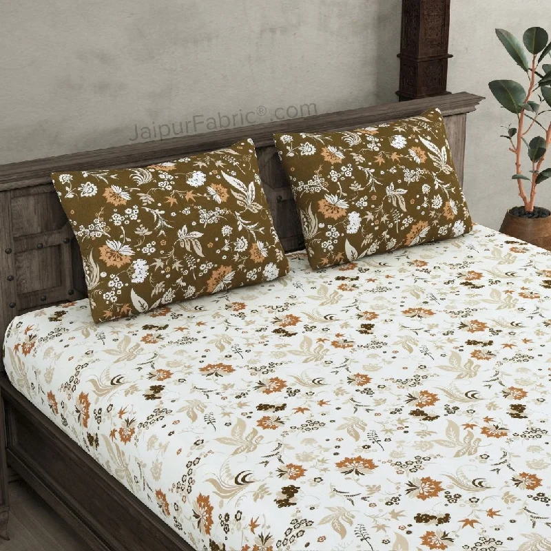 Special Price Flowery Spring Off White Sandy Brown Cotton King Size Bedsheet