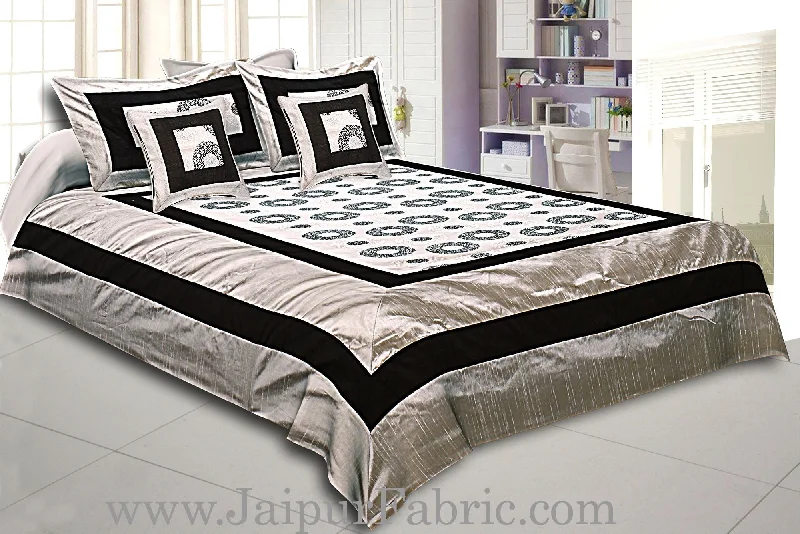 Gray Base Black Border Circle Pattern Shining Fabric With Embroidery Double Bedsheet