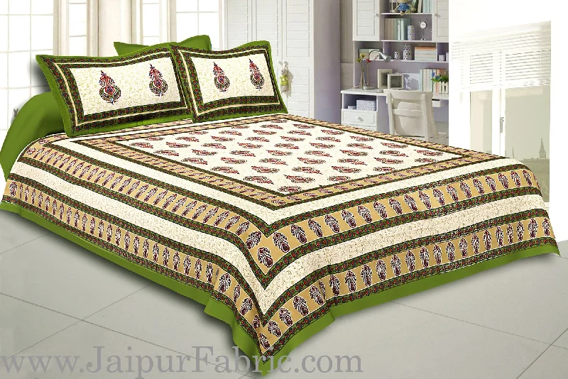 Green Border Cream  Base Sanganeri Print Super Fine Cotton Double Bedsheet