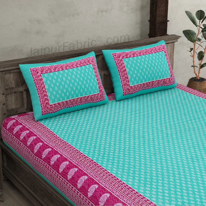 Price Drop Green Border Leaf Pattern Screen Print Cotton Double Bed Sheet