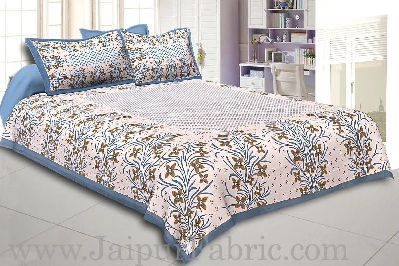 Grey Border White Base Brown and Grey Flower and Leaf Pattern Coton Double Bedsheet