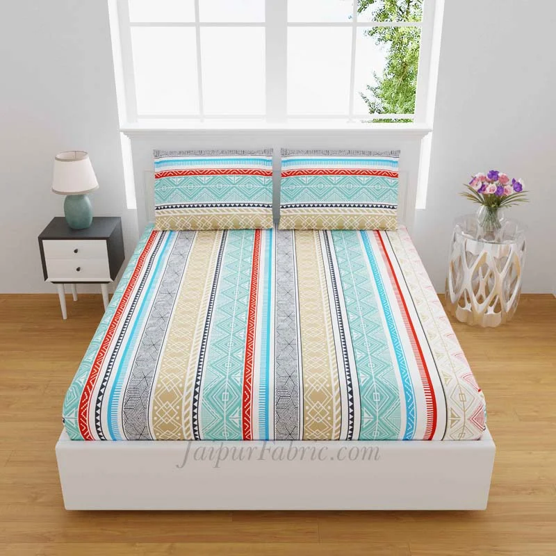 isle pattern blue multicolored king size bedsheet with 2 pillow covers