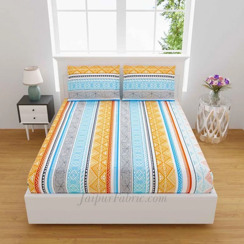 isle pattern yellow multicolored king size bedsheet with 2 pillow covers