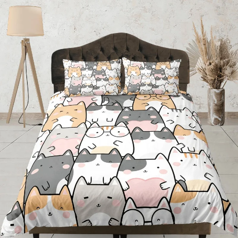 Kawaii Cats Duvet Cover Set Bedspread Cute Bedding for Teens Kids Bedroom Bed Cover Cat Lover Gift