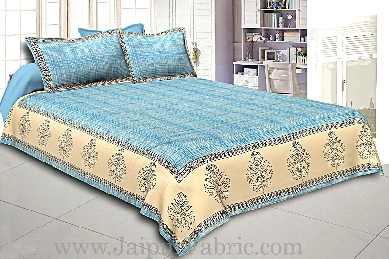 One-DAY Sale king size bedsheet cotton satin sky blue border with cream and blue base hand block pattern One-DAY Sale king size bedsheet cotton satin sky blue border with cream and blue base hand block pattern