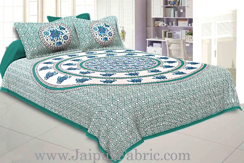 Extra Discounts King Size Bedsheet Sea Green Border Circle Elephant Pattern Screen Print With Two Pillow Cover Extra Discounts King Size Bedsheet Sea Green Border Circle Elephant Pattern Screen Print With Two Pillow Cover