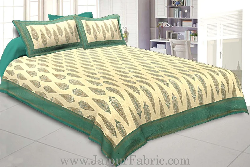 Act Now king size bedsheet sea green border golden paisley print with two pillow cover