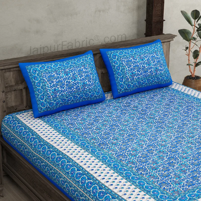 Big Savings king size besheet blue border small floral print with two pillow cover
