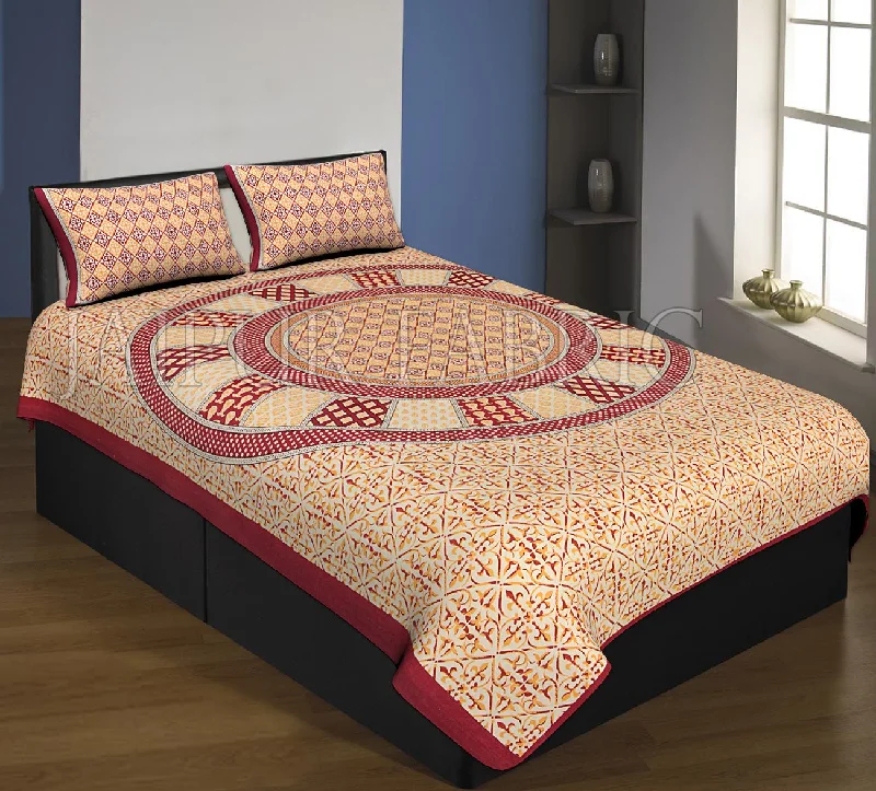 Can't Be Beat Mahroon Boarder Cream Base Circle Design With Leaf Pattern Single Bed Sheet With 2 Pillow Cover Can't Be Beat Mahroon Boarder Cream Base Circle Design With Leaf Pattern Single Bed Sheet With 2 Pillow Cover