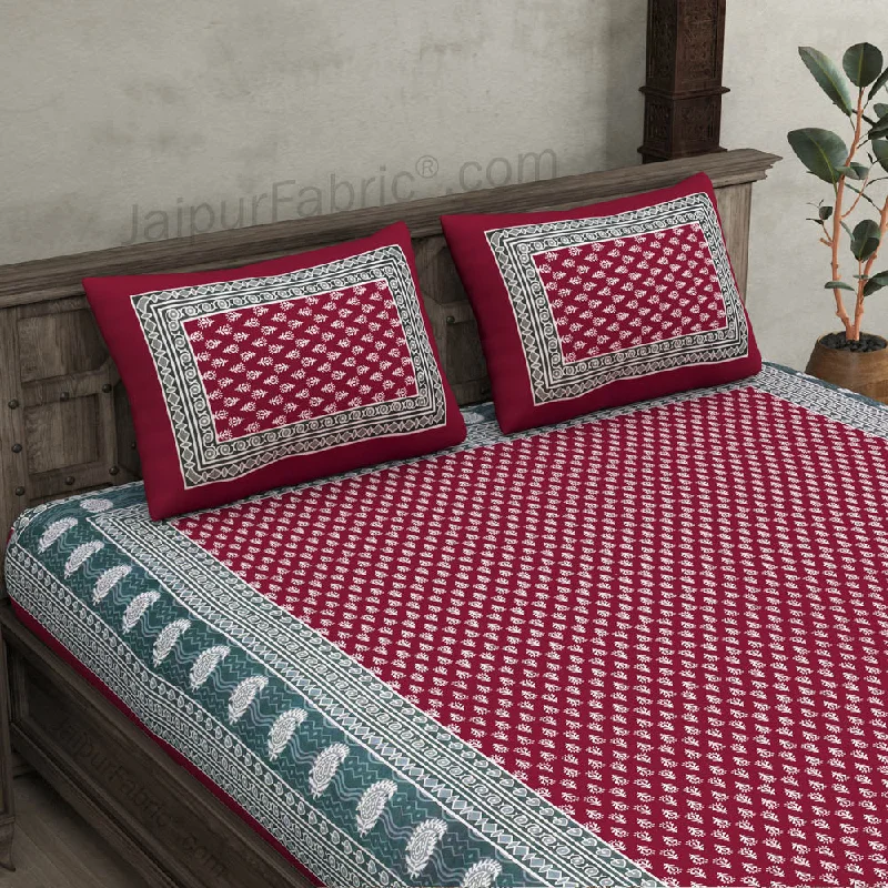 Amazing Value Maroon Border Maroon Base Floral Pattern Screen Print Cotton Double Bed Sheet