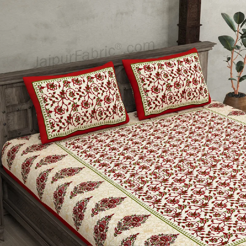 Maroon Border Tropical keri Design Cotton Double Bed Sheet