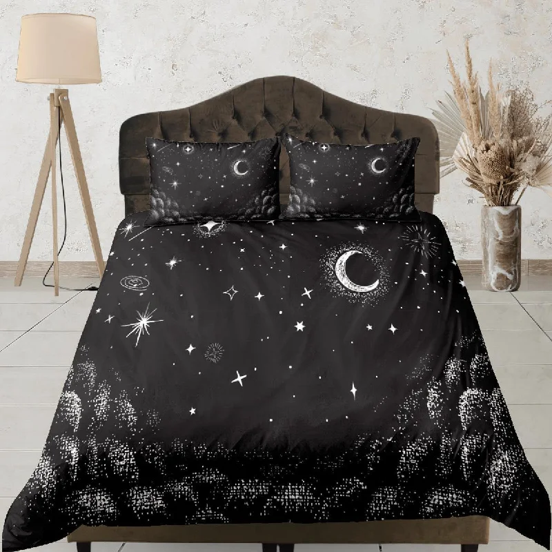 Moon Stars Galaxy Black Duvet Cover Set Bedspread, Dorm Bedding with Pillowcase