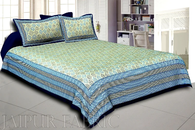 Final Sale navy blue border cream base leaf pigment cotton satin hand block king size double bedsheet Final Sale navy blue border cream base leaf pigment cotton satin hand block king size double bedsheet