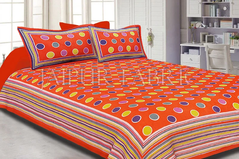 Great Bargains Orange Base Multi Color Polka Dot Pattern Screen Print Cotton Double Bed Sheet Great Bargains Orange Base Multi Color Polka Dot Pattern Screen Print Cotton Double Bed Sheet
