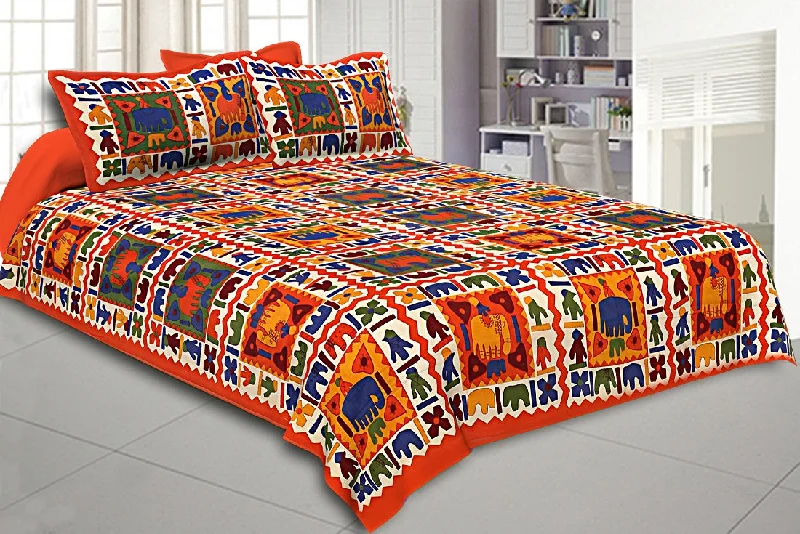 Lowest Prices Orange Border Elephant Pattern Screen Print Double Bed Sheet