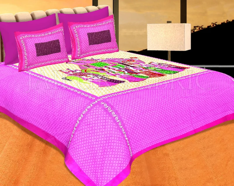 Act Now Pink Border Cream Base "Shahi Sawari" With Elephant Pigment Print Cotton Double Bedsheet Act Now Pink Border Cream Base "Shahi Sawari" With Elephant Pigment Print Cotton Double Bedsheet