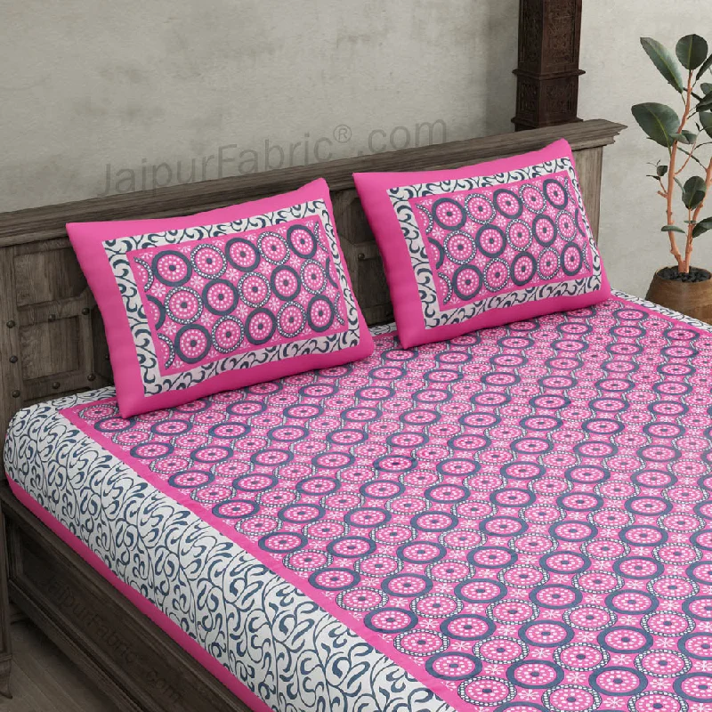 Pink Border White Base Circle Pattern Screen Print Cotton Double Bed Sheet