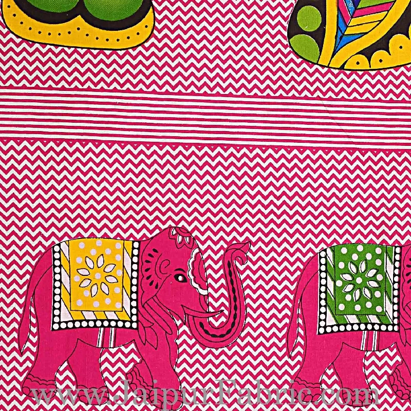 Weekend Deal Pink Border With Large Multi-Colored Elephant Pigment Print Cotton Double Bedsheet