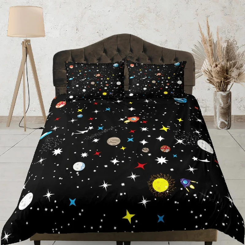 Planets Galaxy Black Duvet Cover Set Bedspread, Teens Kids Bedding with Pillowcase