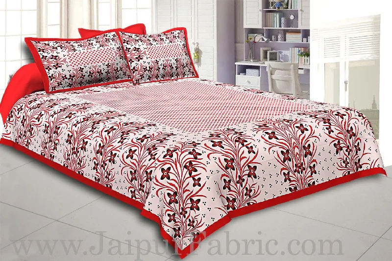 Red Border White Base Red and Black Flower and Leaf Pattern Coton Double Bedsheet