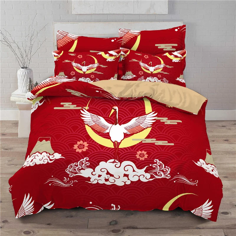 Red Duvet Cover Set Oriental Bird Asian Style Bedspread, Dorm Bedding & Pillowcase