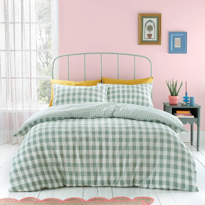 Seersucker Gingham Check Duvet Cover Set Green