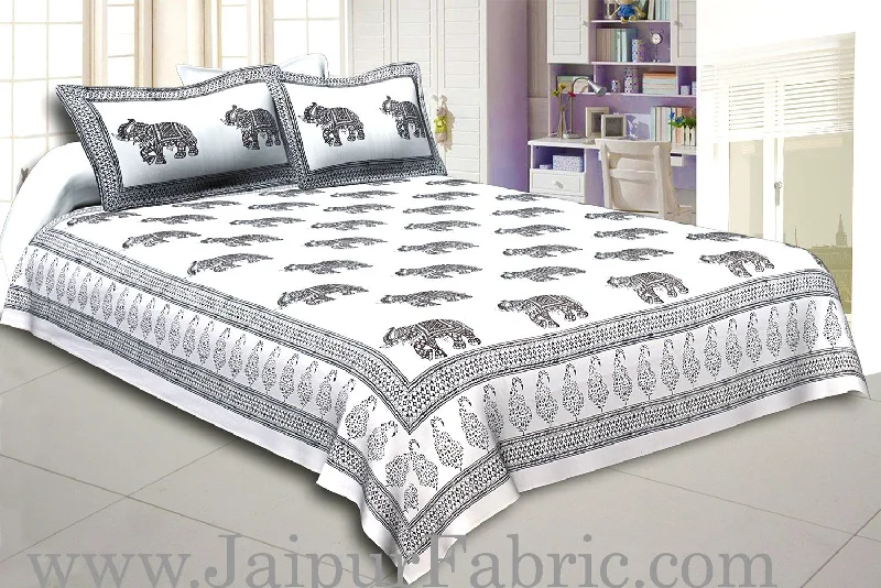 White Border With White Base Black And  Gray Elephant Hand Block Print Super Fine Cotton Double Bed Sheet